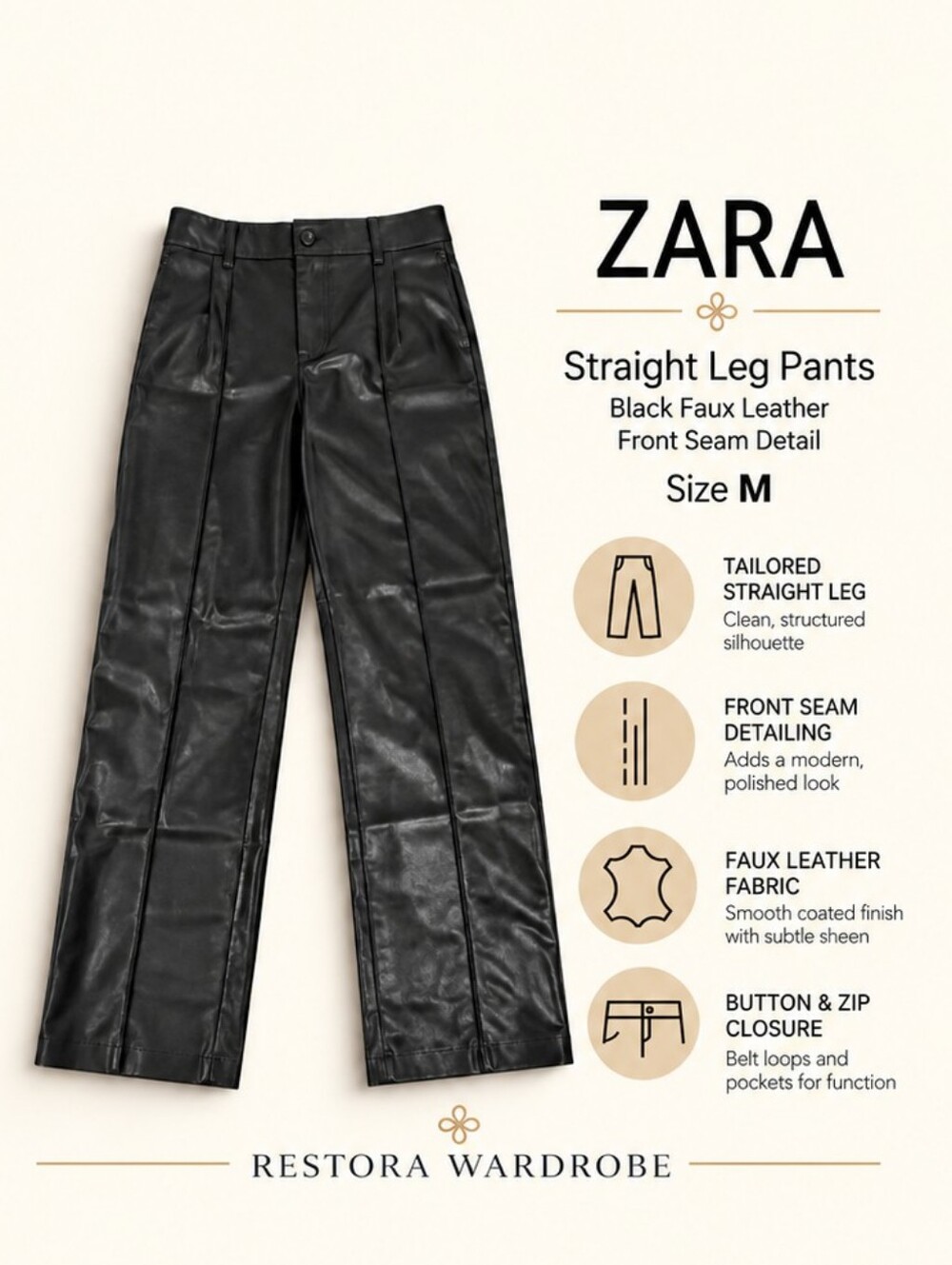 Zara Straight Leg Pants Black Faux Leather Front Seam Moto Size M